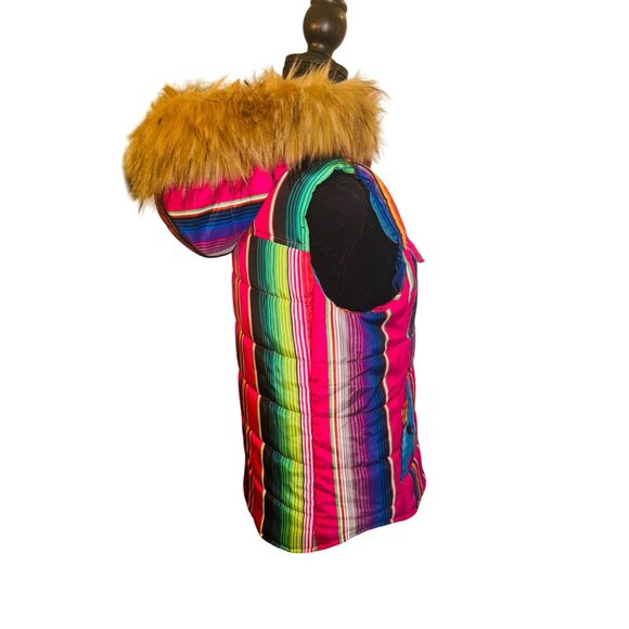 Judith March Rainbow Striped Puffer Vest Faux Fur Hood S Outdoor Street Style - Picture 8 of 15